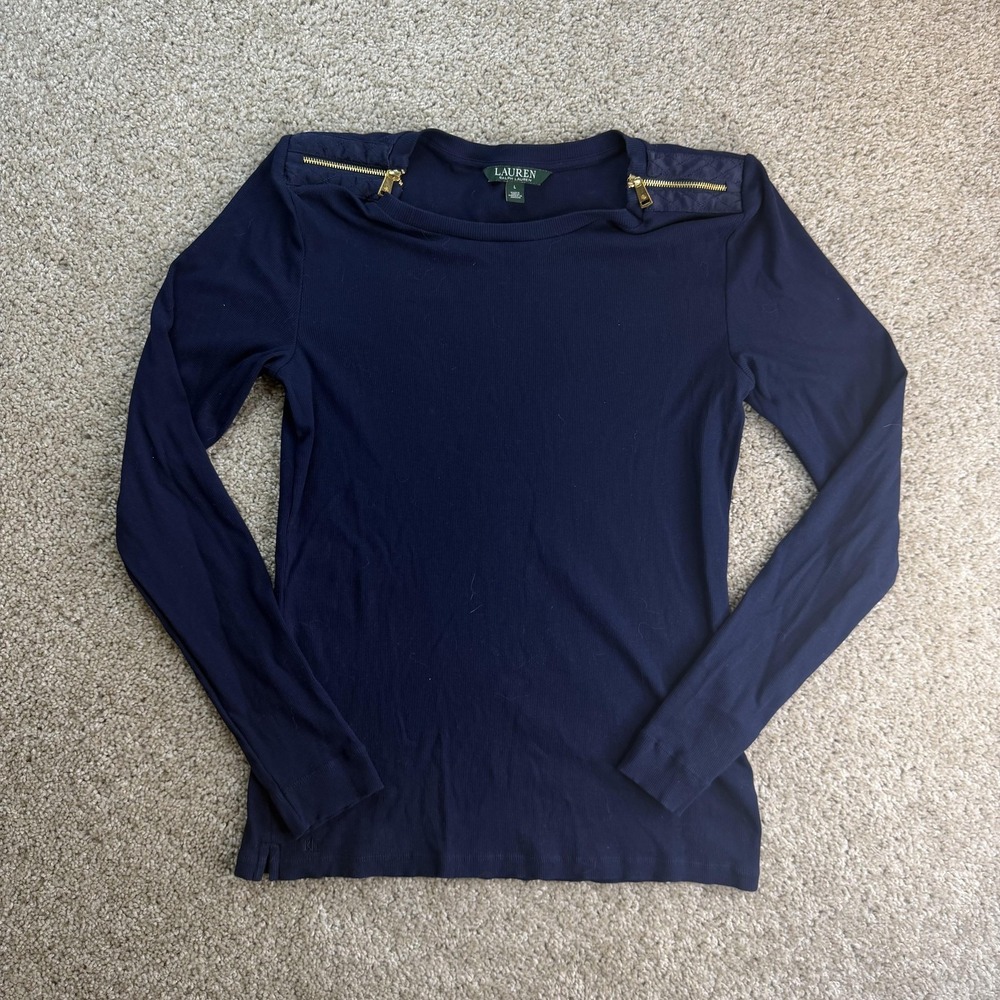 Lauren Ralph Lauren Shirt Womens L Blue Long Sleeve Boat Neck Stretch Zipper Top